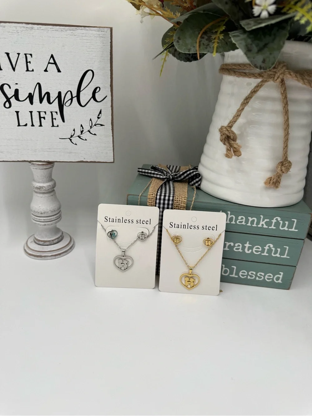 Sweetheart Boy/Girl Earring and Necklace Set - Silver or Gold - Stainless Steel